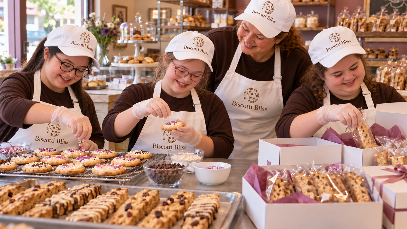 The Biscotti Bliss team decorating cookies and packing baked goods together