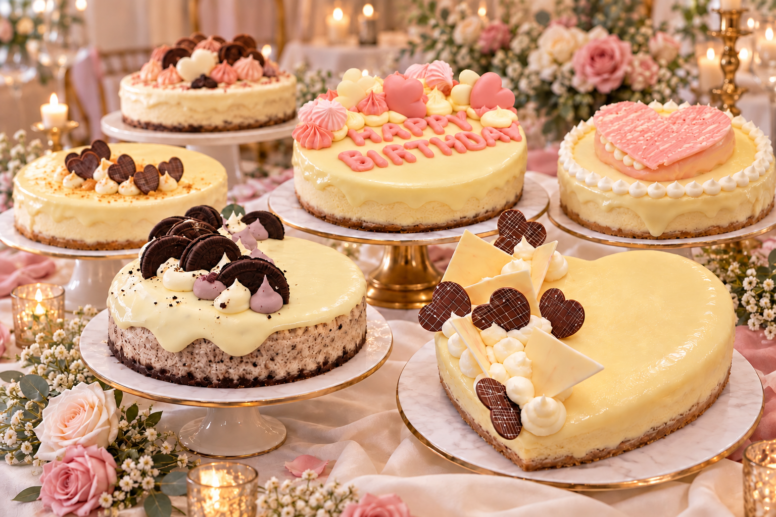 An elegant table of Biscotti Bliss celebration cheesecakes