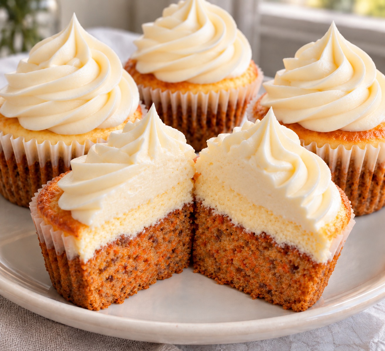 Carrot cheese muffins with cheese layers and tall frosting swirls